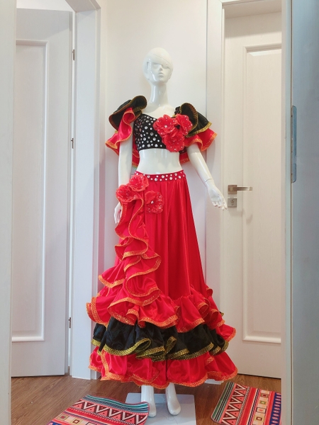 Váy múa Flamenco Tây Ba Nha đỏ đen