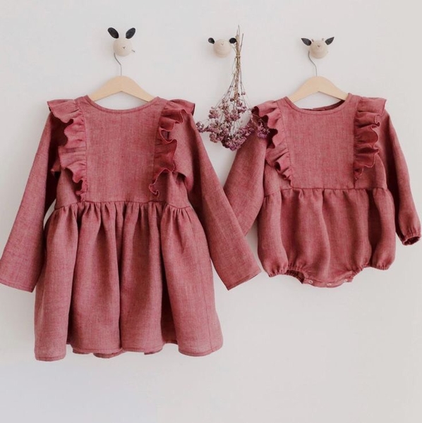 Váy hồng phối bèo dài tay cho bé gái - giá sỉ