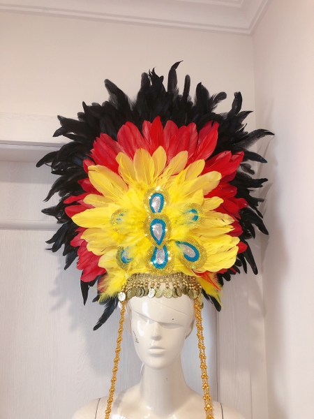 Mũ đội đầu carnival lông vũ vàng đỏ đen
