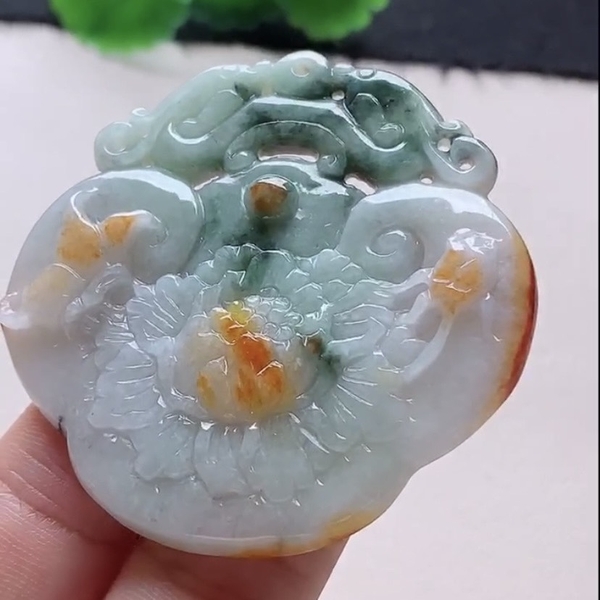 Mặt khánh chạm Hoa khai phú quý Ngọc phỉ thuý tự nhiên Jadeite loại A -NT983