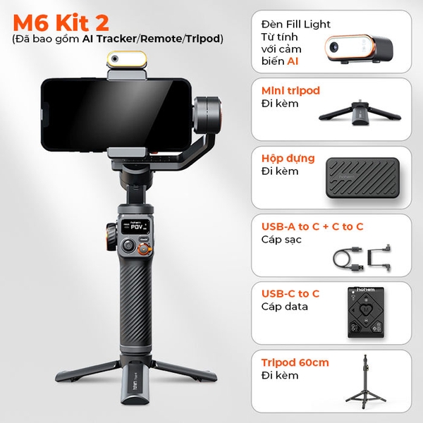 Gimbal chống rung cho điện thoại smartphone Hohem iSteady M6 FullKit có đèn - Với AI từ tính thông minh chính hãng