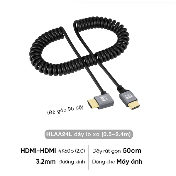 Cáp dây lò xo rút gọn truyền tín hiệu cho máy ảnh 4K60P Micro HDMI ra HDMI 2.0 0.5m kéo dài 2.4M HLAD24S