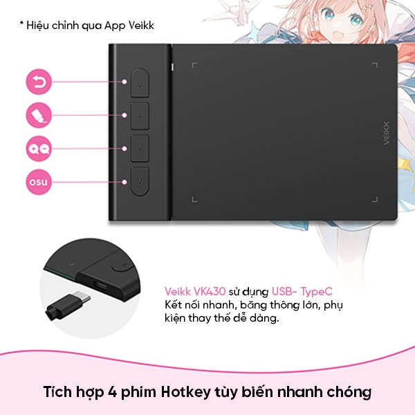 Bảng vẽ cảm ứng VEIKK Creator Pop VK430 4X3 Inch với 4 phím chuyển phát nhanh tùy chỉnh tương thích với Windows, Android, Mac và Chromebook