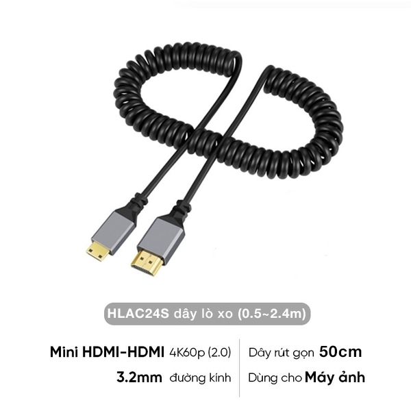 Cáp dây lò xo rút gọn truyền tín hiệu cho máy ảnh 4K60P Micro HDMI ra HDMI 2.0 0.5m kéo dài 2.4M HLAD24S