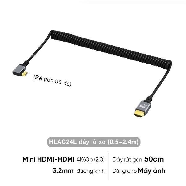 Cáp dây lò xo rút gọn truyền tín hiệu cho máy ảnh 4K60P Micro HDMI ra HDMI 2.0 0.5m kéo dài 2.4M HLAD24S