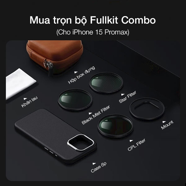 Bộ kit ốp case + Filter và Mount 67mm từ tính hỗ trợ chụp ảnh cho iPhone 15 Pro Promax (6 In 1)