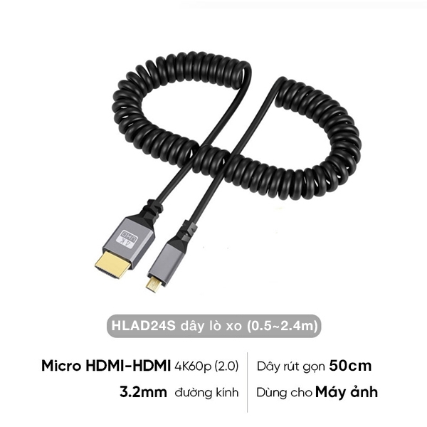 Cáp dây lò xo rút gọn truyền tín hiệu cho máy ảnh 4K60P Micro HDMI ra HDMI 2.0 0.5m kéo dài 2.4M HLAD24S