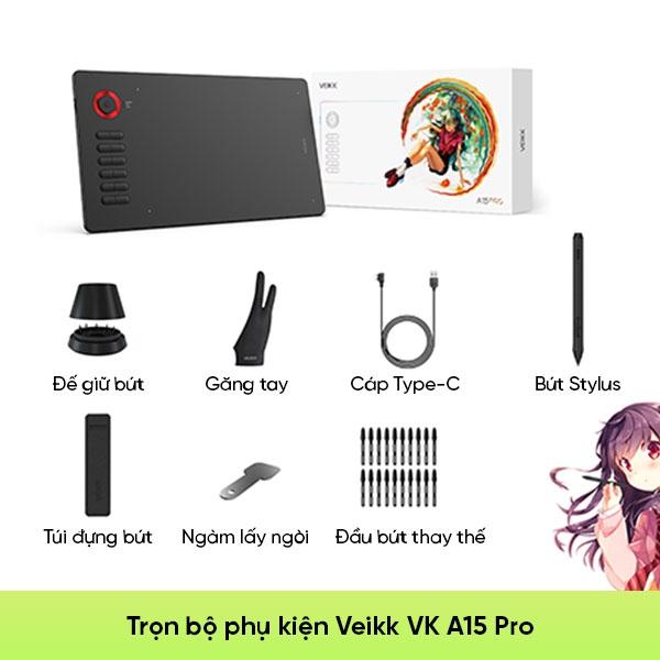 Bảng vẽ điện tử cảm ứng Veikk A15 Pro chính hãng - 12 phím custom cùng vòng xoay Dial