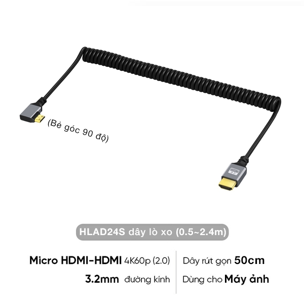 Cáp dây lò xo rút gọn truyền tín hiệu cho máy ảnh 4K60P Micro HDMI ra HDMI 2.0 0.5m kéo dài 2.4M HLAD24S
