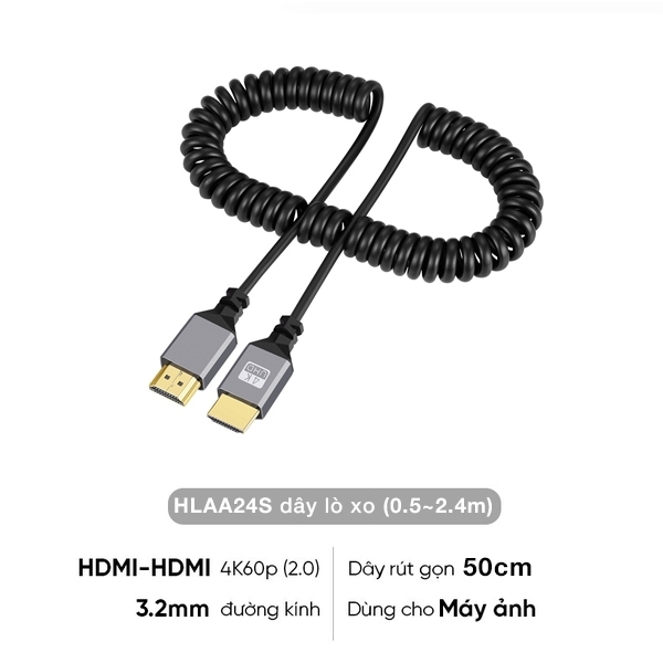 Cáp dây lò xo rút gọn truyền tín hiệu cho máy ảnh 4K60P Micro HDMI ra HDMI 2.0 0.5m kéo dài 2.4M HLAD24S
