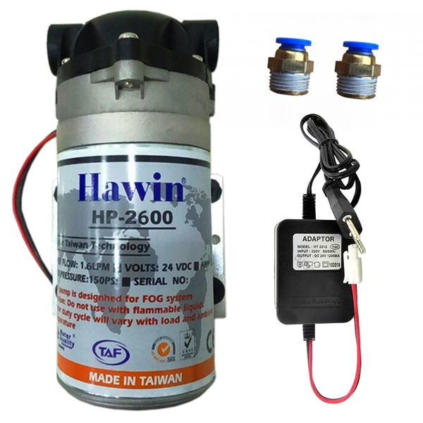 Máy bơm phun sương Hawin HP 2600 chính hãng Taiwan kèm Adapter- 1.6LPM (hỗ trợ 10 - 20 Béc)