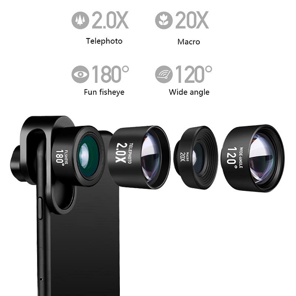 Bộ ống kính camera chụp cận cảnh và góc rộng 4 in 1 Fancytoy - Zoom Chụp Ảnh 180 ° Ống Kính Mắt Cá 120 °