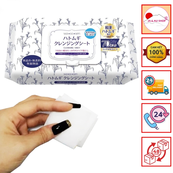 Khăn giấy ướt tẩy trang Wasosen Hatomugi Cleansing Sheet 70 tờ
