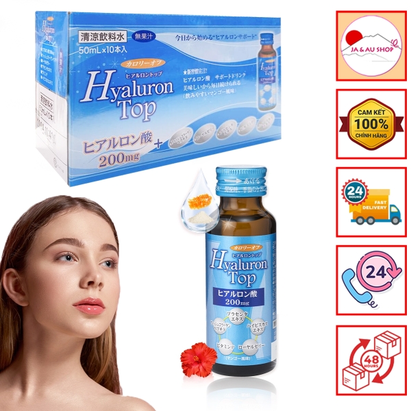 Nước uống cấp ẩm Hyaluron Top SHINNIPPAI Nhật Bản 200mg - Hộp 10 chai x 50ml