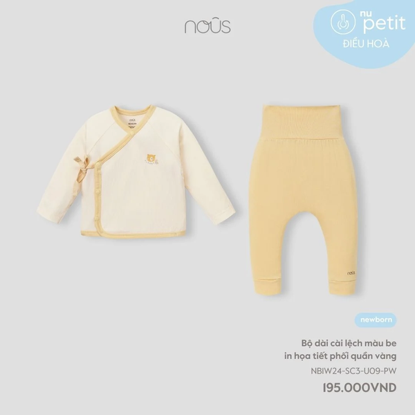 Bộ cài lệch dài màu be in họa tiết phối quần vàng NB