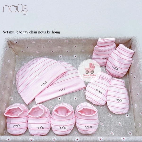 Set mũ bao tay chân nous kẻ hồng