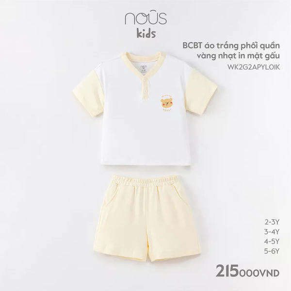 BCBT áo trắng phối quần vàng nhạt in mặt gấu 2Y-5Y