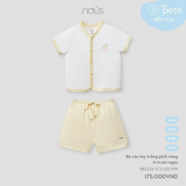 Bộ cộc tay trắng phối vàng in trước ngực 0M-9M