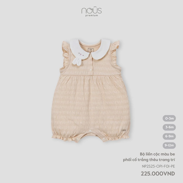 Bộ liền cộc màu be phối cổ trắng thêu trang trí 0M-9M