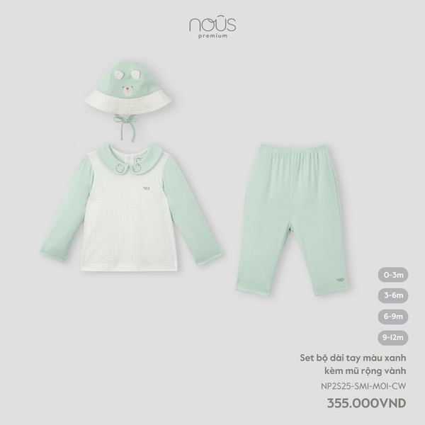 Set bộ dài tay màu xanh kèm mũ rộng vành 0M-9M