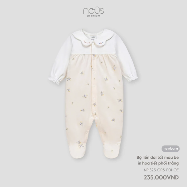 Bộ liền dài tất màu be in hoạ tiết phối trắng NB