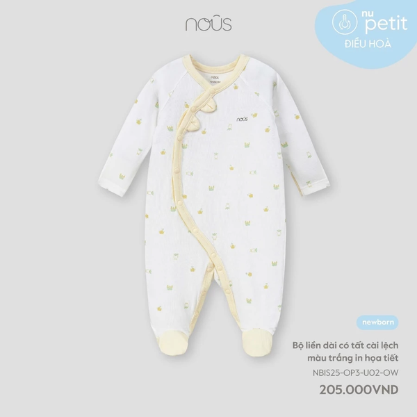 Bộ liền dài có tất cài lệch màu trắng in hoạ tiết NB