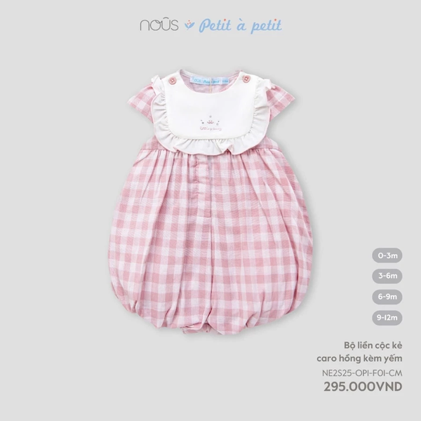 Bộ liền dài cộc kẻ caro hồng kèm yếm 0M-9M