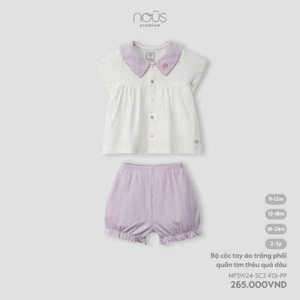 Bộ cộc tay áo trắng phối quần tím thêu quả dâu 9M-2Y