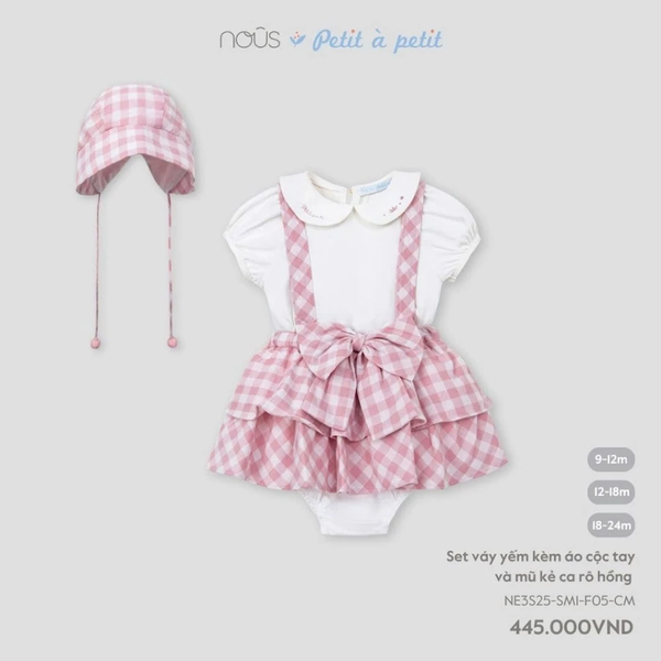 Set váy yếm kèm áo cộc tay và mũ kẻ caro hồng 9M-18M