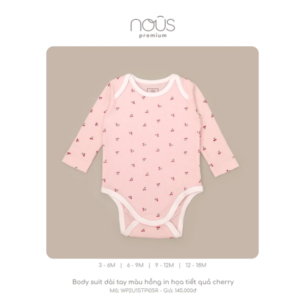 Bodysuit dài tay màu hồng in hoạ tiết quả cherry 3M-12M