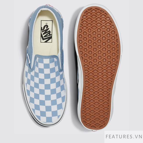 blue and white checkered slip on vans
