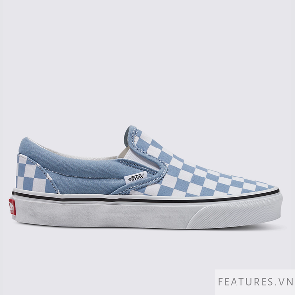 blue and white checkered slip on vans