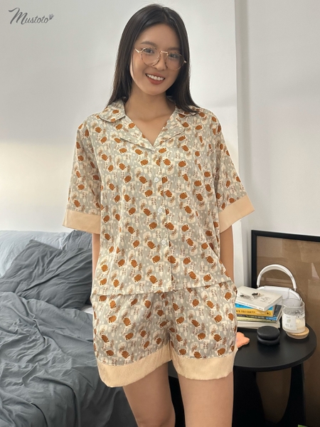 MB19 | Bộ Pijama Đùi In Họa Tiết Hoa Lá