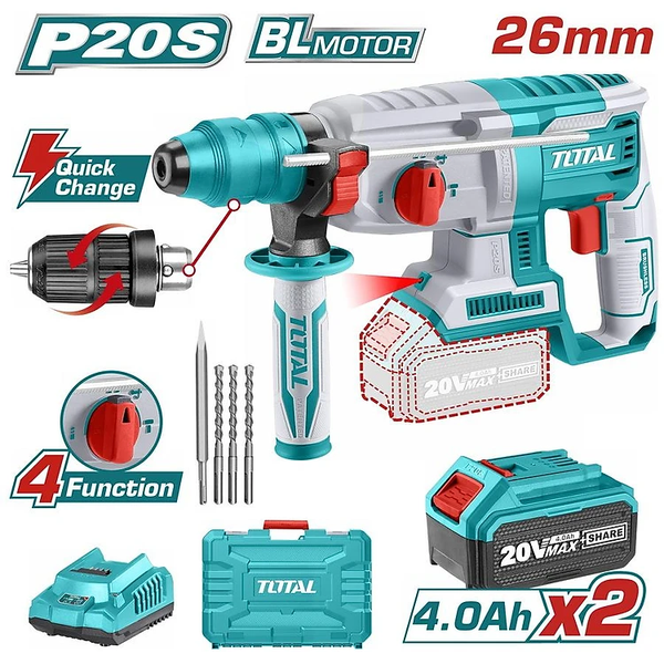 MÁY KHOAN ĐỤC DÙNG PIN 20V (2 pin 4.0A + sạc)TOTAL TRHLI202289 - HÀNG CHÍNH HÃNG