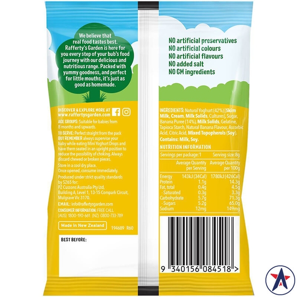 Bánh sữa chua cho bé Rafferty's Garden Banana Mini Yoghurt Drops 8g