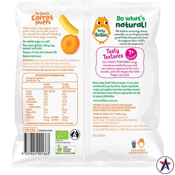 Bánh que ăn dặm cho bé Baby Bellies Organic Puffs Carrot