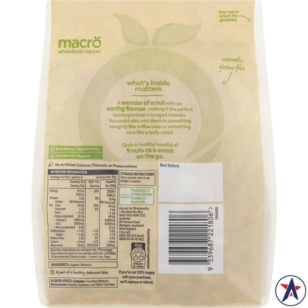 Hạt óc chó hữu cơ Macro Organic Natural Walnuts 250g
