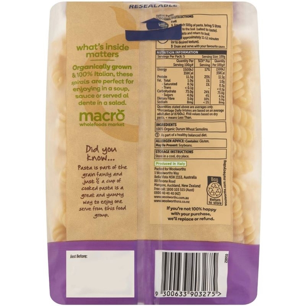 Nui xoắn hữu cơ Macro Organic Spirals pasta 500g