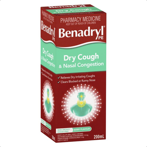 Siro ho khan và nghẹt mũi không buồn ngủ Benadryl PE Dry Cough & Nasal Congestion Non Drowsy Berry 200ml