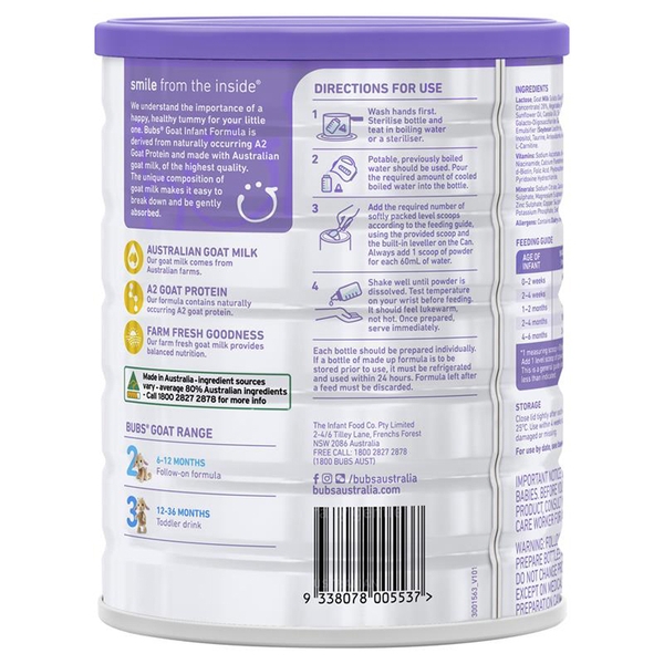 Sữa dê Bubs Australian Goat Milk của Úc số 1 (800g) (0-6 tháng)