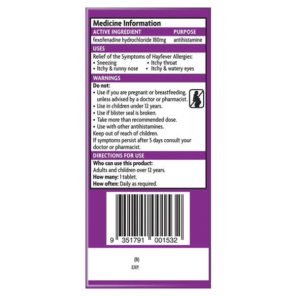 Viên uống giảm dị ứng Telfast Hayfever Allergy Relief 180mg Non-Drowsy