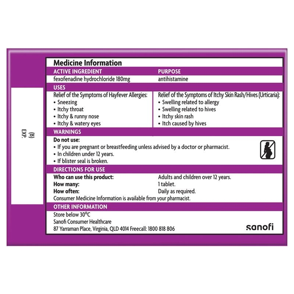 Viên uống giảm dị ứng Telfast Hayfever Allergy Relief 180mg Non-Drowsy