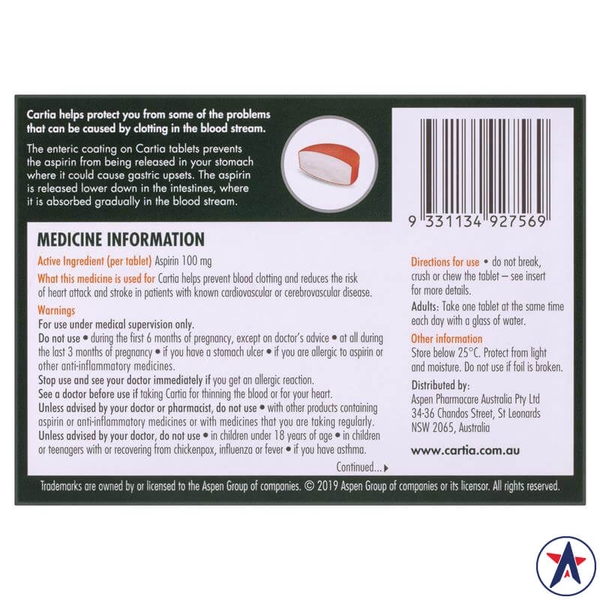 Viên uống chống đột quỵ Cartia (Aspirin liều thấp 100mg)