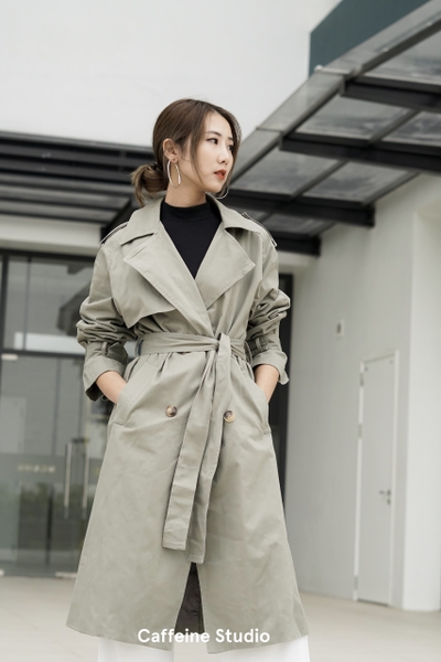 Long Trench Coat - Green Grey