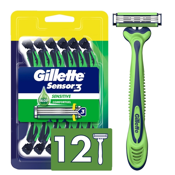 Dao cạo râu da nhạy cảm Gillette Sensor3 Sensitive Men's Disposable Razor 12 lưỡi