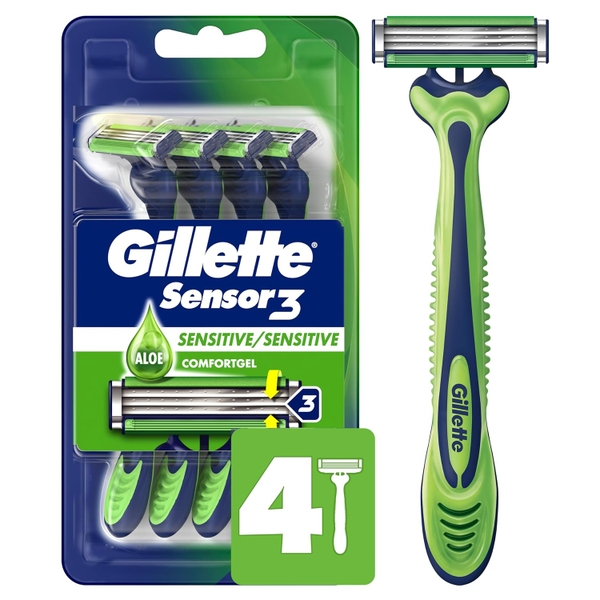 Dao cạo râu da nhạy cảm Gillette Sensor3 Sensitive Men's Disposable Razor 4 lưỡi
