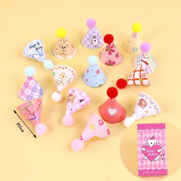 Hộp 15 mũ mini gắn bông (gắn sẵn) trang trí bánh (hộp giấy vỏ màu hồng)9921.