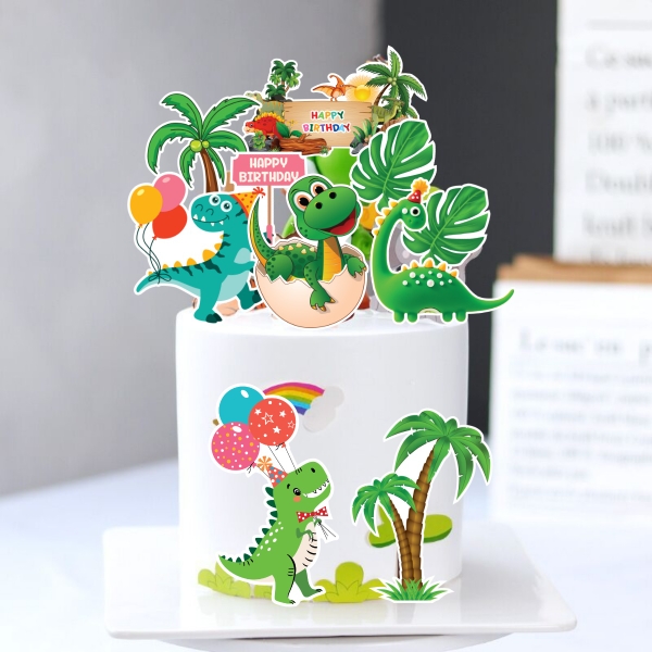 Combo 2 set giấy - khủng long chùm bóng + bảng HPBD + cây dừa.