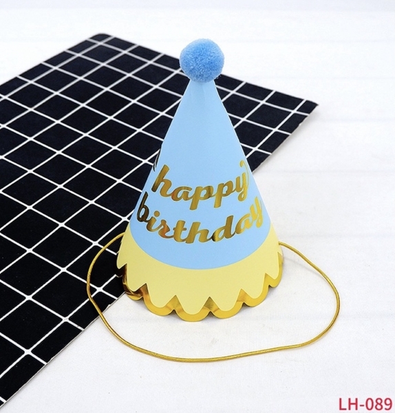 Mũ sinh nhật gắn quả bông - xanh vàng.