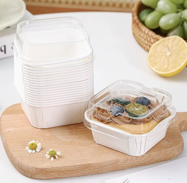 Set 50 cốc (hộp) giấy vuông kèm nắp -MÀU TRẮNG.